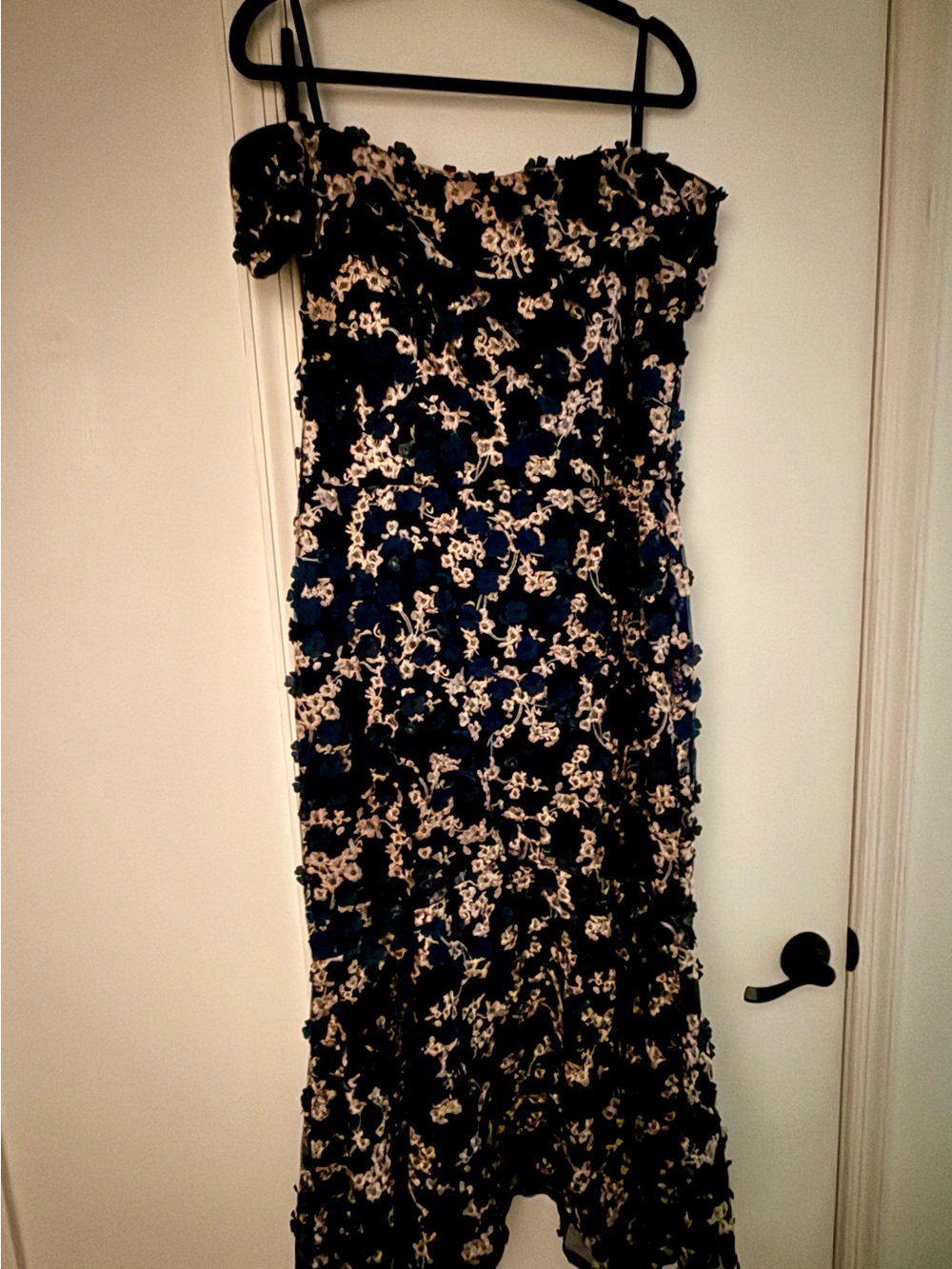 Xscape Navy and Cream One-Shoulder Floral Midi Dress
